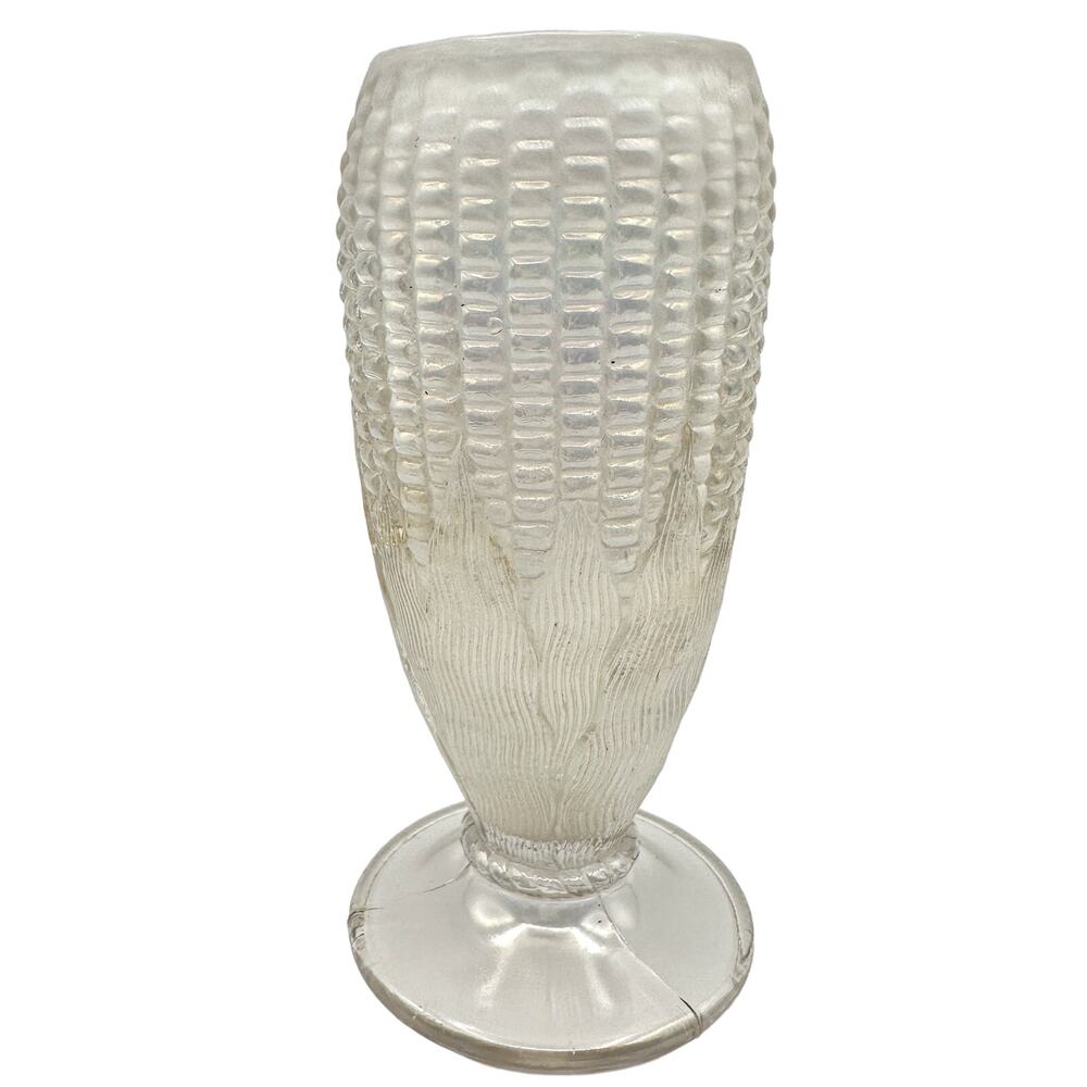Northwood White Carnival Glass Corn Vase Iridescent Clear Signed with Flaw